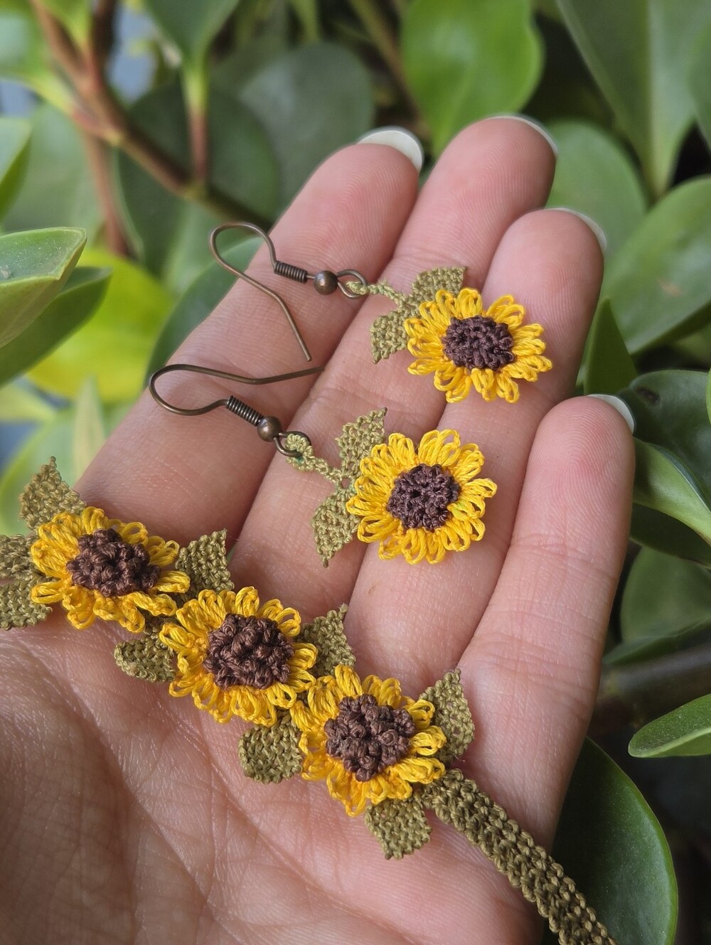 Micro Crochet Sunflower Bracelet & Earrings Handmade Set